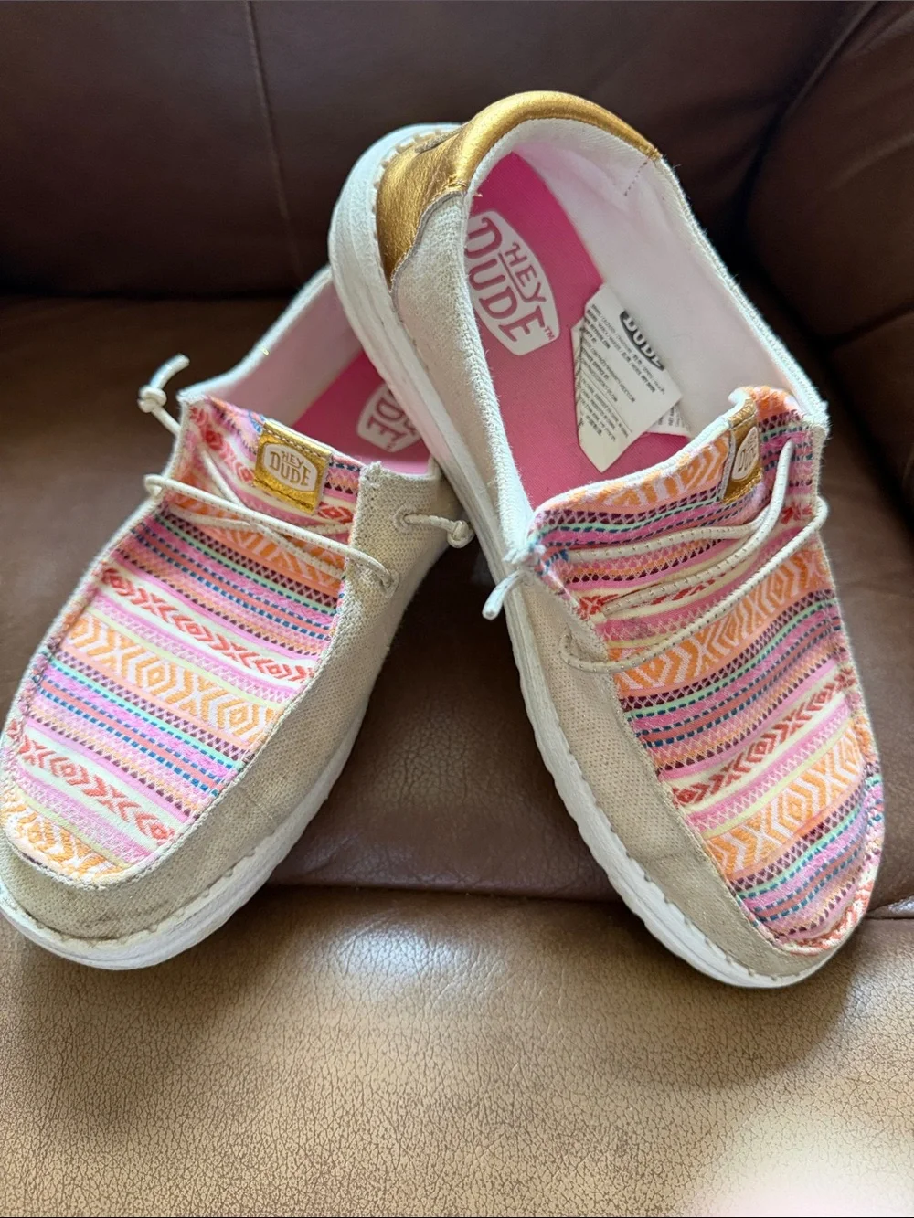 Hey Dude Canvas Slip-Ons in Pink, Gold, Beige & Orange